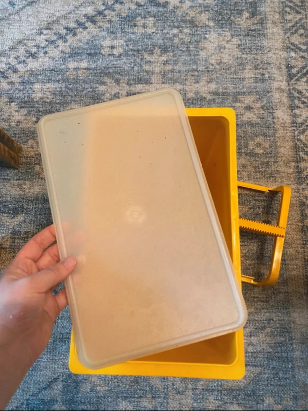 Vintage Yellow Tupperware Storage Bin with Sunburst Logo